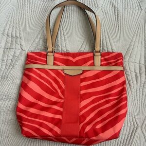 Coach Orange Zebra-Print Tote Bag with Tan Handles F23283